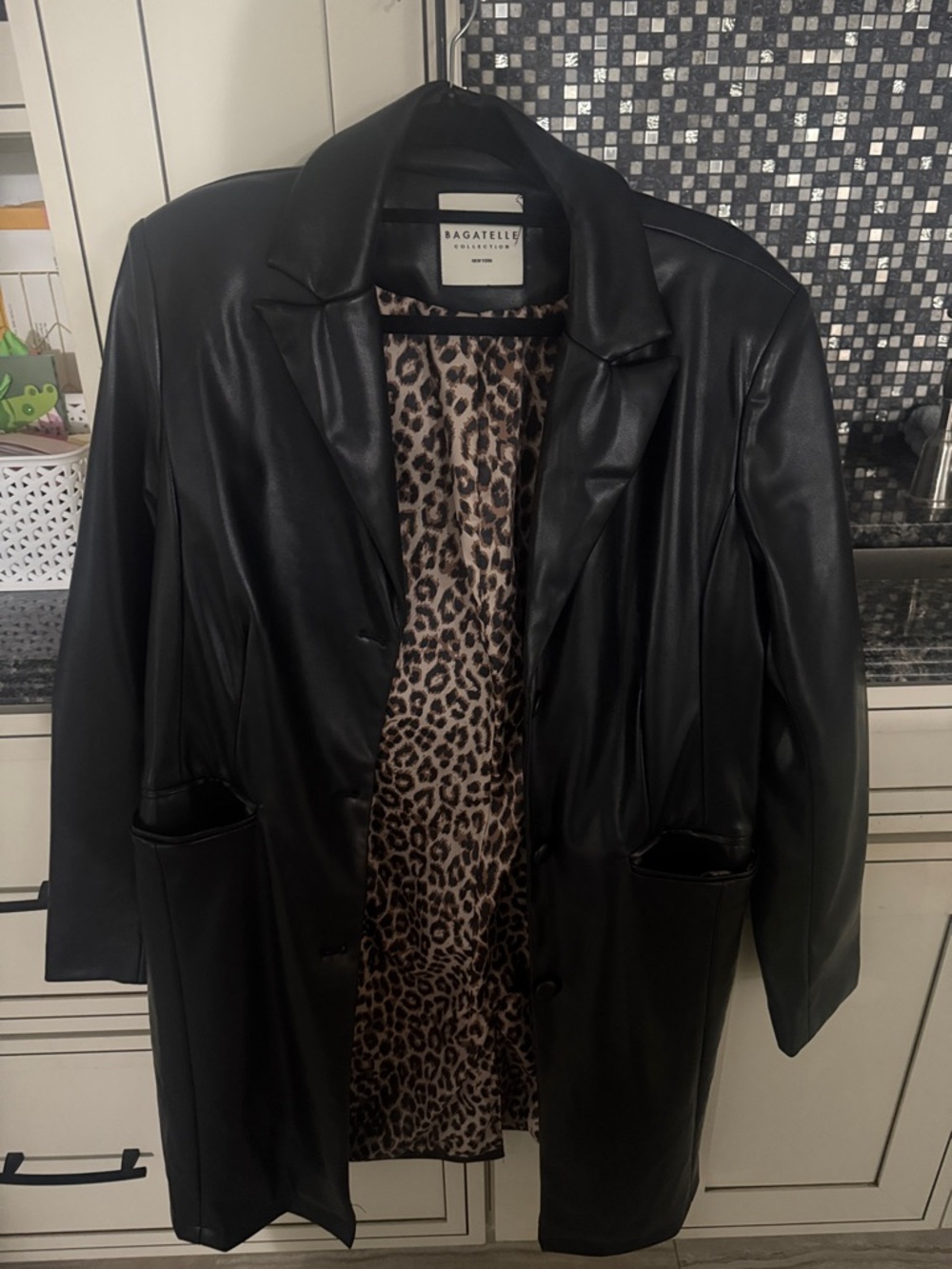 bagatelle Black Faux Leather Long Blazer with Leopard Lining